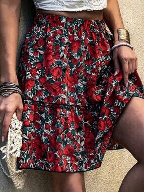 Floral Red Tiered Summer Skirt - Women's